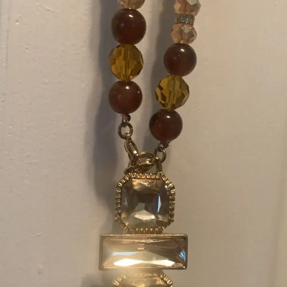 Long‎ Brown Gold Beaded Necklace with Tassels 24 Inches Long